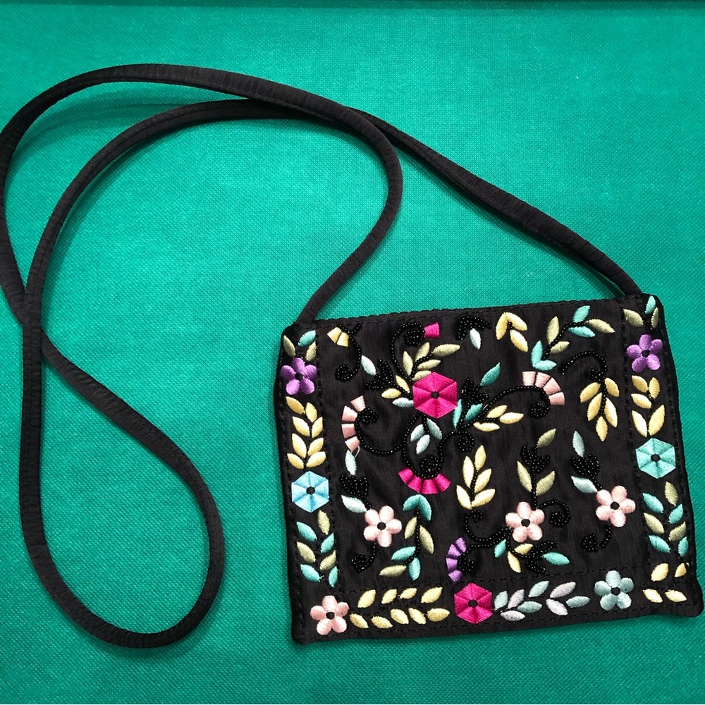 Beaded and Embroidered Flowered Petite Black Purse by Frankie and Johnnie